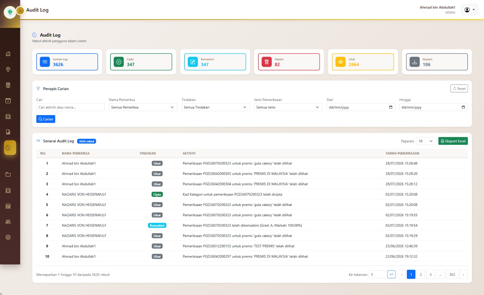 Log Audit — rekod aktiviti sistem lengkap dengan pengguna, tindakan dan cap masa